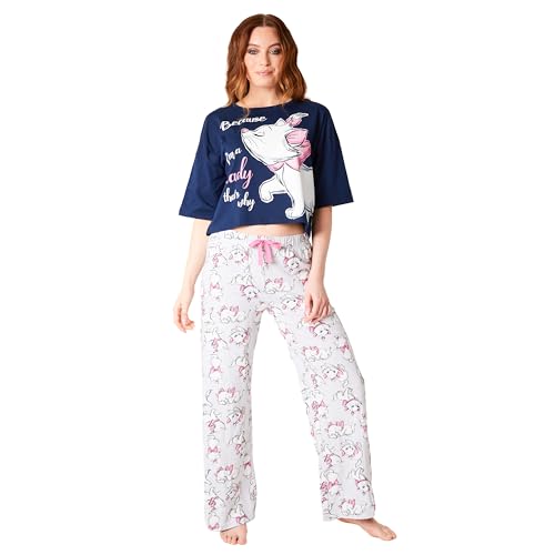 Disney Stitch Schlafanzug Damen – Baby Yoda Minnie Mouse Stitch Langer Pyjama mit Crop Top – Weihnachtlicher Schlafanzug für Frauen S-XL (Dunkelblaue Marie, S) von Disney