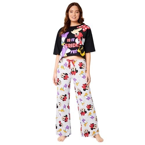 Disney Stitch Schlafanzug Damen – Baby Yoda Minnie Mouse Stitch Langer Pyjama mit Crop Top – Weihnachtlicher Schlafanzug für Frauen S-XL (Schwarze/Graue Minnie, L) von Disney