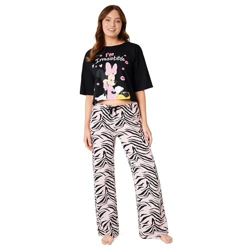 Disney Stitch Schlafanzug Damen – Baby Yoda Minnie Mouse Stitch Langer Pyjama mit Crop Top – Weihnachtlicher Schlafanzug für Frauen S-XL (Schwarze/Rosa Minnie, XL) von Disney