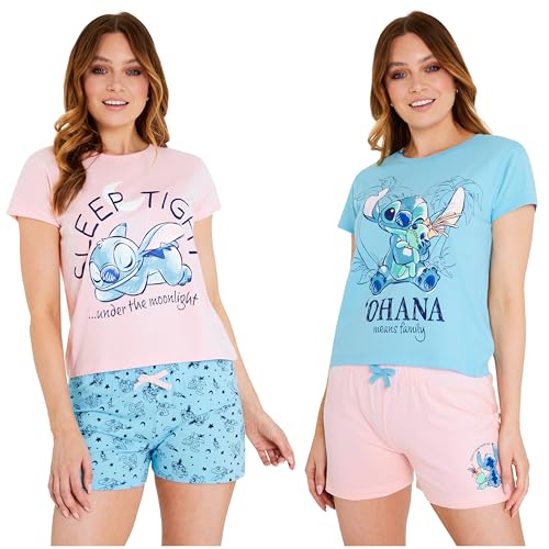 Disney Stitch Schlafanzug Damen Kurz, Sommer Pyjama 2er-Pack - Stitch Sachen (Rosa/Blau, L) von Disney