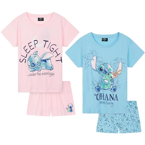 Disney Stitch Schlafanzug Damen Kurz, Sommer Pyjama 2er-Pack - Stitch Sachen (Rosa/Blau, XL) von Disney