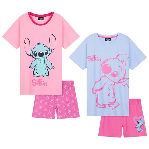 Disney Stitch Schlafanzug Mädchen Kurz, Pyjama T-Shirt & Shorts - Stitch Sachen (Blau/Rosa - 2er-Pack, 6-7 Jahre) von Disney