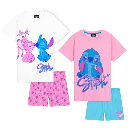 Disney Stitch Schlafanzug Mädchen Kurz, Pyjama T-Shirt & Shorts - Stitch Sachen (Rosa/Blau - 2er-Pack, 7-8 Jahre) von Disney