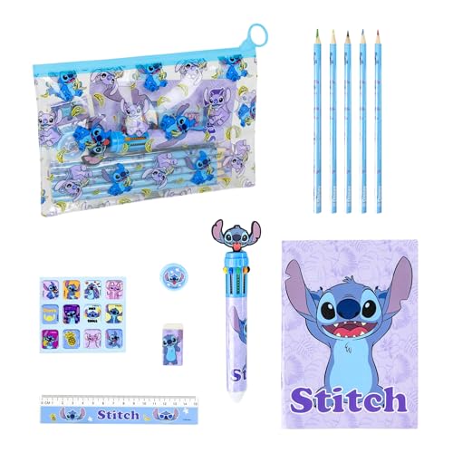 Disney Stitch Schreibwaren-Set, enthält 5 Buntstifte, Lineal mit bunten Kugelschreibern, Radiergummi, Bleistiftspitzer, Notizbuch und Etui, Geschenk für Mädchen von Disney