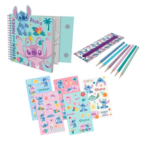 Disney Stitch Schreibwarenset, Enthält 6 Buntstifte, Aufkleber, Federmäppchen und Notizbuch mit Malblättern, Geschenk Schreibwarenset für Mädchen von Disney