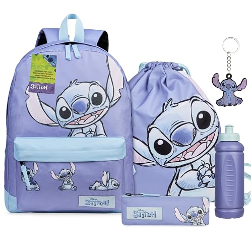 Disney Stitch Schulrucksack Mädchen Set 5 Teile Turnbeutel Trinkflasche Schlüsselanhänger Federmäppchen Kinderrucksack Schule Kita Kindergarten von Disney