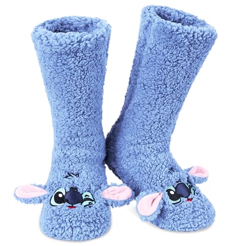 Disney Antirutschsocken Damen mit 3D-Ohren, One Size ABS Kuschelsocken Damen Antirutsch Haussocken Winter Frauen Geschenke (Blau Sherpa Stitch) von Disney