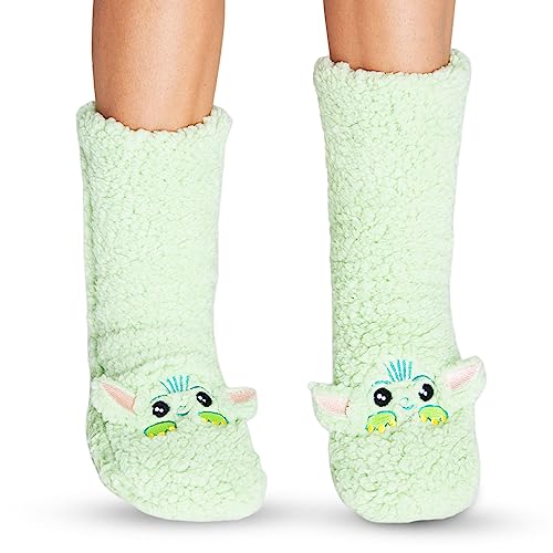 Disney Antirutschsocken Damen mit 3D-Ohren, One Size ABS Kuschelsocken Damen Antirutsch Haussocken Winter Frauen Geschenke (Grün Mandalorian) von Disney