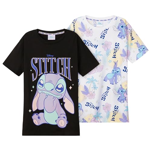 Disney Stitch T Shirt Mädchen Teenagers mit Rundhalsausschnitt 2er Pack Farbenfrohe T-Shirt Kinder Set Geschenke für Mädchen (13-14 Jahre, Schwarz/Weiß, 2) von Disney