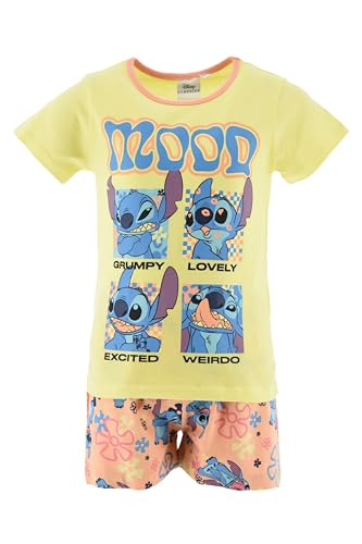 Disney Stitch T-Shirt und Shorts für Mädchen, Pyjama Baumwolle, 2 Teiliges Sommerset 'Mood' Stitch, Größe 8 Jahre | Gelb von Disney
