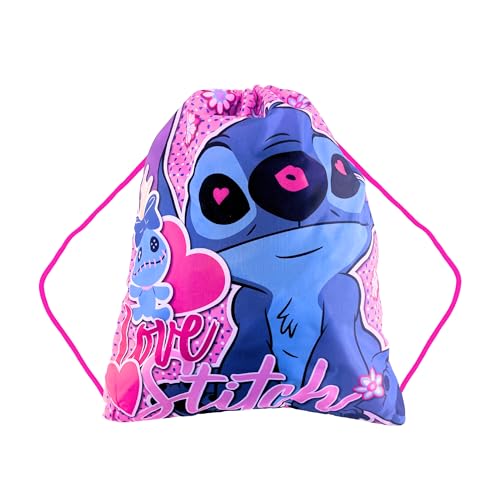 Disney Stitch Turnbeutel, Schulrucksack, Jugend Rucksack mit Kordelzug, Gepäcktasche, Reisesack, Geschenk für Mädchen und Jugendliche (Rosa) von Disney