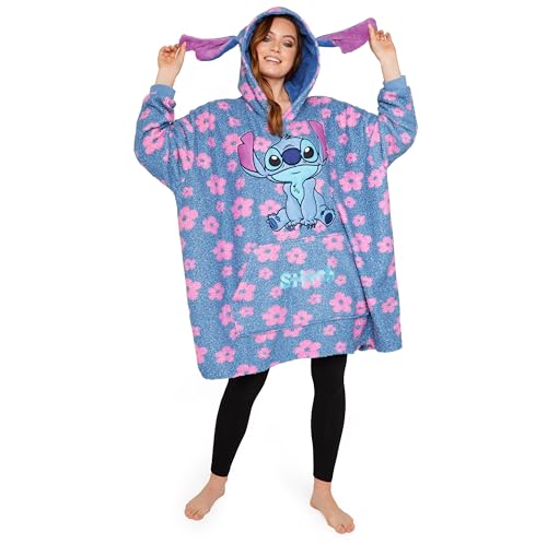 Disney Stitch Übergroße Hoodie Decke Damen Teenager, Fleece Oversized Kapuzenpullover mit Ärmeln One Size - Frauen Geschenke (Blau/Rosa Stitch) von Disney