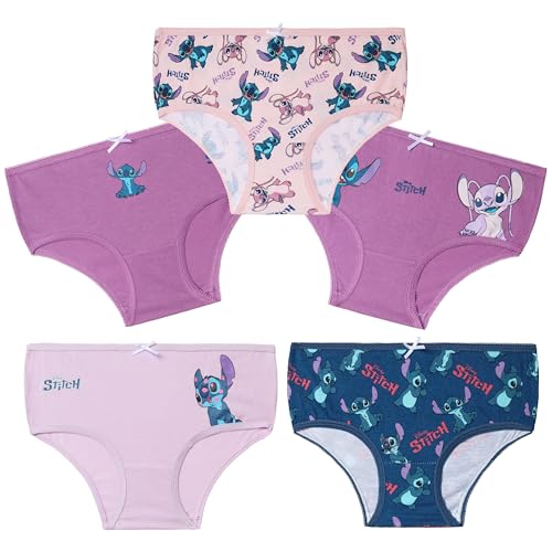 Disney Stitch Unterwäsche Unterhosen Mädchen, 100% Baumwolle Slips Kinder 5er-Pack - Stitch Sachen (Lila/Blau, 7-8 Jahre) von Disney