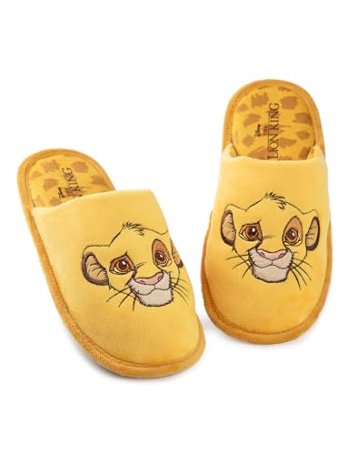 Disney The Lion King Damen Hausschuhe | Damen Simba Indoor Pelzmules in Gelb | Gestickte Tier-Charakter-Gesichts-Slip-on-Hausschuhe für Erwachsene und Jugendliche | Animationsfilm Merchandise von Disney