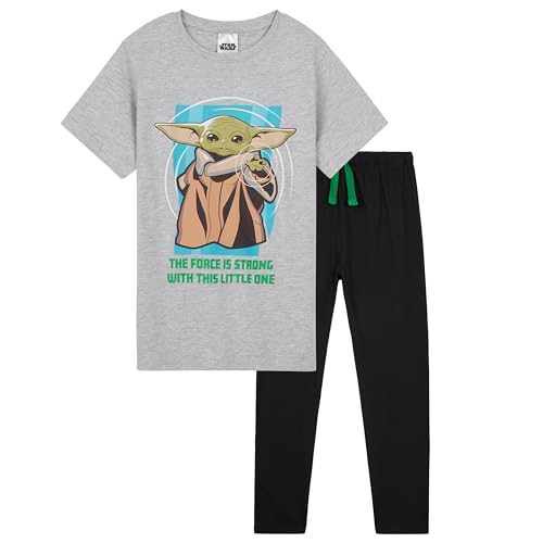 Disney The Mandalorian Schlafanzug Jungen Teenager Pyjama Kinder 7-14 Jahre Winter Nachtwäsche Oberteil Pyjamahose Lang (Schwarz/Grau, 11-12 Jahre) von Disney