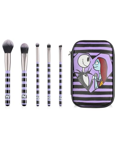 Disney The Nightmare Before Christmas Make-up-Pinselset für Frauen | Damen gestreifte Schönheitspinsel mit Reißverschluss-Aufbewahrungstasche in Lila & Schwarz | Jack & Sally Gemischte Gesichtspinsel von Disney