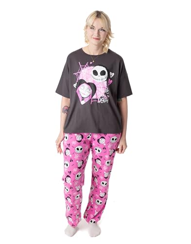 Disney The Nightmare Before Christmas Damen-Pyjama-Set | Erwachsene Jack Skellington Graphic Kurzarm-Oberteil und langbeinige Pyjama-Hose in Schwarz und Rosa von Disney