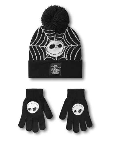 Disney The Nightmare Before Christmas Unisex-Beanie-Mütze und Handschuhe-Set | Schwarze gestrickte Wintermütze mit Jack Skellington Spinnennetz für Jungen und Mädchen | Warme Bommelmütze von Disney