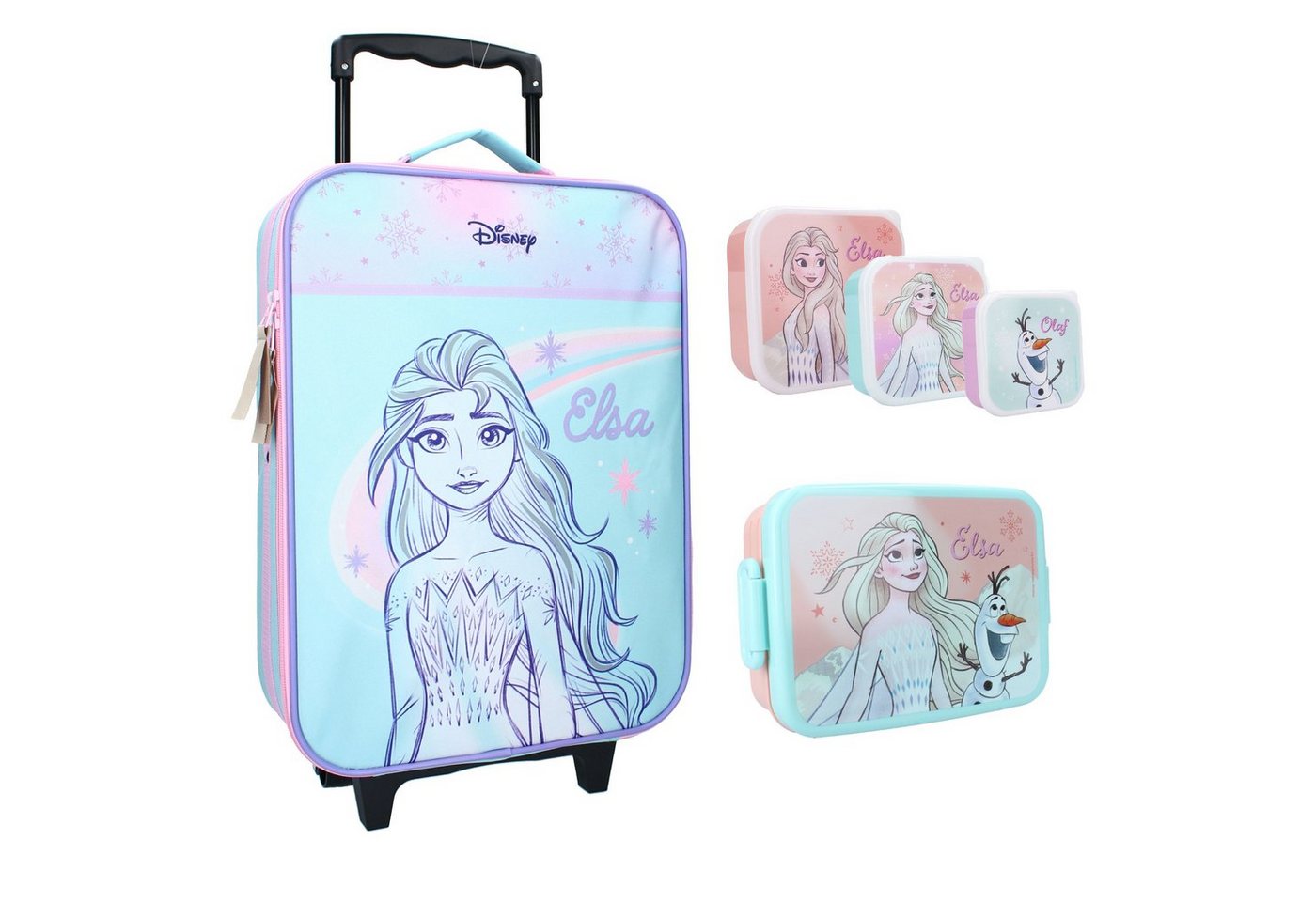 Disney Weichgepäck-Trolley Disney Die Eiskönigin 5 tlg Set Mädchen Trolley, 2 Rollen, Kinderkoffer Lunchbox Snackboxen von Disney