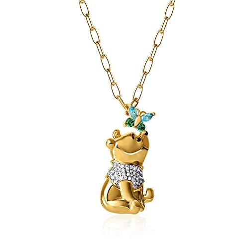 Disney Winnie Puuh Anhänger Halskette Büroklammer Kette 45,7 cm - Gelbgold vergoldete Halskette mit Schmetterling und Puuh Anhänger - Winnie the Pooh Schmuck, Messing, Zirkonia, Messing, Zirkonia von Disney