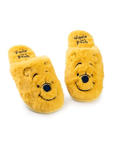 Disney Winnie the Pooh Damen Hausschuhe | Damen-Teddybär-Pelz-Pantoletten in Gelb | Gesticktes Charakter-Gesicht zum Hineinschlüpfen für Erwachsene und Jugendliche von Disney