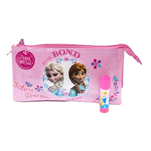 Frozen Elsa Anna Federmäppchen für Mädchen in Schule, 3 Fächer mit 2 Reißverschluss, mit passendem Klebestift, offizielles Produkt, Rosa, Casual von Disney