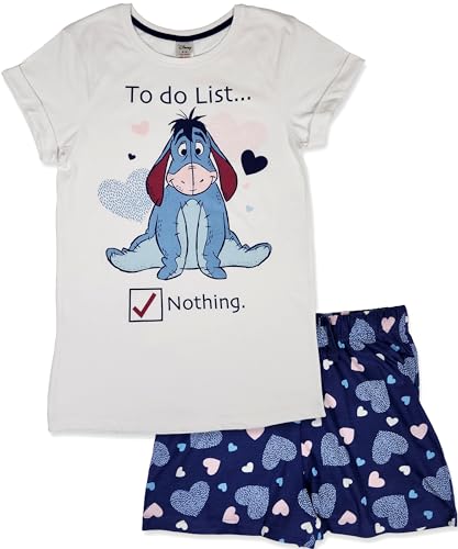 I-Aah Damen Pyjama-Set, 100 % Baumwolle, lizenziertes Winnie Puuh, Geschenk, UK 8–26, Weiße kurze Hose, 12-14 von Disney