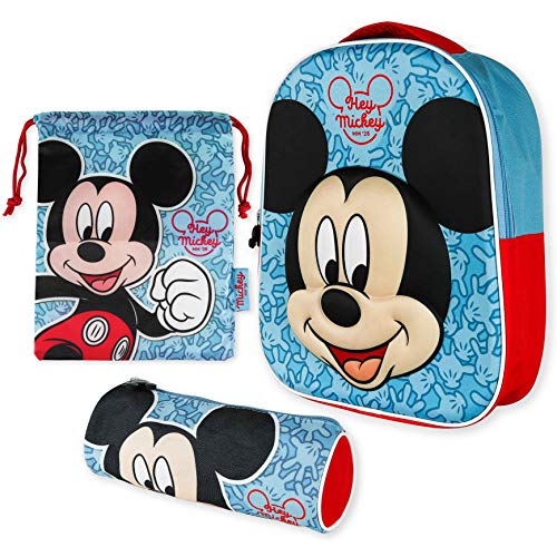 Kindergartenrucksack Jungen 3D, Turnbeutel Kinder und Stiftebox Kinder – Mickey Mouse | Rucksack Kinder für Jungen und Mädchen | Schulmaterial zurück zur Schule mit den Kindern Mickey Mouse von BONNYCO