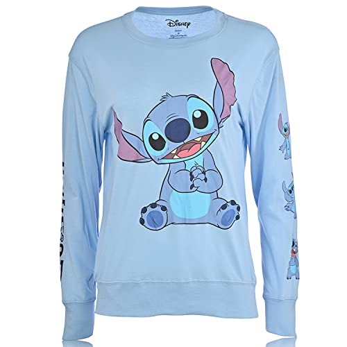 Ladies Lilo and Stitch Shirt - Ladies Classic Lilo and Stitch Long Sleeve Top with Sleeve Prints (Blue, Small) von Disney