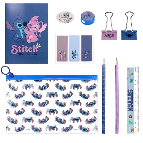 Stitch Federmäppchen, transparent, gefüllt, Schreibwaren-Set, wasserdicht, für Jungen, Mädchen, Kinder, Schule, Reisen, Prüfung, 9-teilig, mehrfarbig, Federmäppchen von Disney