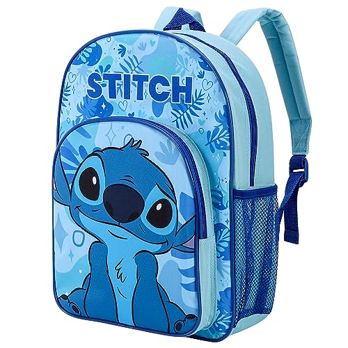 Stitch Kinder-Rucksack, Schulrucksack, Reisetasche, für Jungen und Mädchen, mit seitlicher Netztasche und Fronttasche mit Reißverschluss, mehrfarbig, 36.7cm (height), 26cm (width), 13cm (depth) von Disney