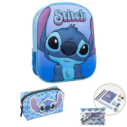 Stitch Schulset für Kinder, inklusive Rucksack, Kulturbeutel und Schreibwaren-Set, Blau und Rosa, mehrfarbig, mit Stitch und Angela-Druck, Originalprodukt, entworfen in Spanien, blau, Estándar, Casual von Disney