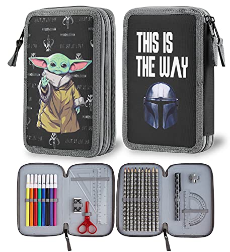 The Mandalorian Federmappe, gefüllt, für Kinder, Filz- und Bleistift, doppeltes Fach, Schulbedarf, Geschenk, Schulanfang, Star Wars Baby Yoda von Disney