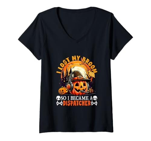 Damen Lost Broom So I Became A Dispatcher Halloween Witch Lover T-Shirt mit V-Ausschnitt Damen Lost Broom So I Became A Dispatcher Halloween Witch Lover T-Shirt mit V-Ausschnitt von Dispatcher Halloween Costume