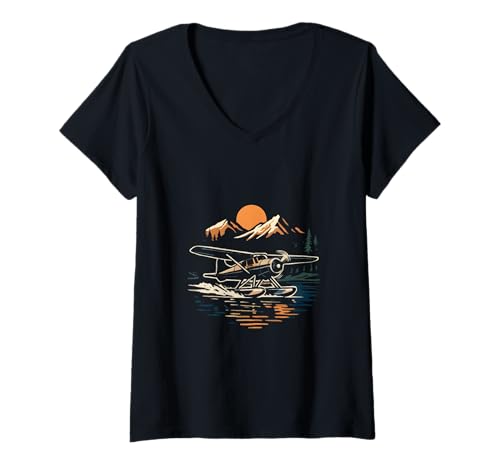 Damen Retro Wasserflugzeug T-Shirt mit V-Ausschnitt von Dissemond Creations
