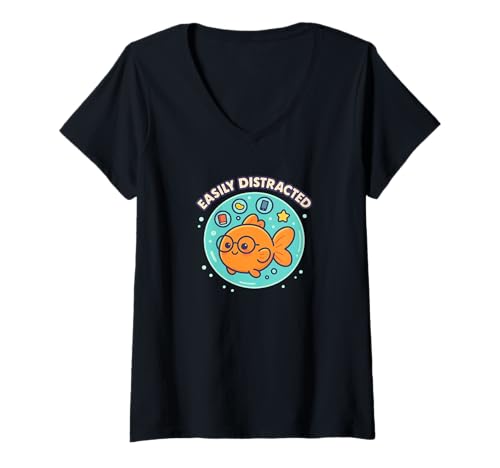 Damen Leicht abgelenktes Kawaii-Goldfisch ADHS-Humor-Design T-Shirt mit V-Ausschnitt Damen Leicht abgelenktes Kawaii-Goldfisch ADHS-Humor-Design T-Shirt mit V-Ausschnitt von Distracted Minds Collective