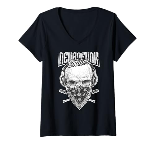 Damen Neurofunk Skull Grunge Distress T-Shirt mit V-Ausschnitt Damen Neurofunk Skull Grunge Distress T-Shirt mit V-Ausschnitt von Distress Streetwear.