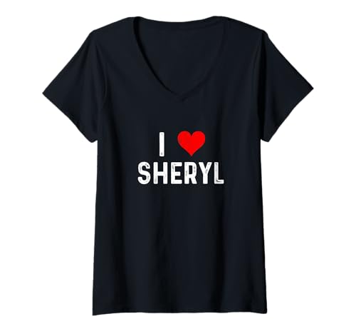 Damen I Love Sheryl – Herz – Used-Look T-Shirt mit V-Ausschnitt Damen I Love Sheryl – Herz – Used-Look T-Shirt mit V-Ausschnitt von Distressed I Heart Love Apparel by RJ
