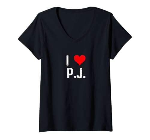 Damen Ich Liebe PJ P.J. - Heart - Distressed T-Shirt mit V-Ausschnitt von Distressed I Heart Love Apparel by RJ