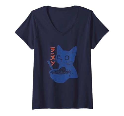 Damen Vintage Kawaii Katze frisst Ramen Japanische Kunst Anime Ästhetik T-Shirt mit V-Ausschnitt von Distressed Kawaii Cat Ramen Japanese Art Aesthetic