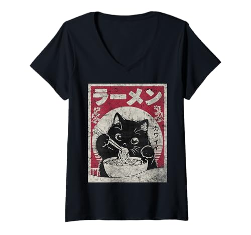 Damen Vintage Kawaii Katze frisst Ramen Japanische Kunst Anime Ästhetik T-Shirt mit V-Ausschnitt von Distressed Kawaii Cat Ramen Japanese Art Aesthetic