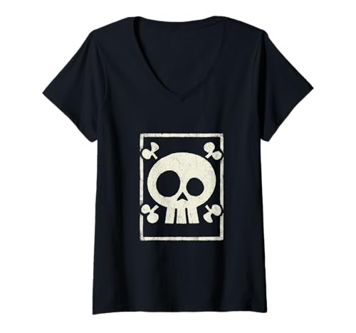 Damen Minimaler Totenkopf mit Knochen, Punk, Gothic-Design T-Shirt mit V-Ausschnitt Damen Minimaler Totenkopf mit Knochen, Punk, Gothic-Design T-Shirt mit V-Ausschnitt von Distressed Skull Artwork Co.