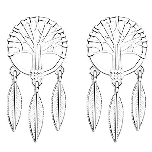 Ditz Damen Ohrstecker 925 Silber mit Lebensbaum Traumfänger Federn Anhänger Boho Vintage Ohrringe Dreamcatcher Hängend von Ditz