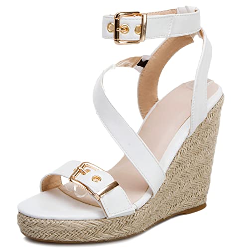 Damen Espadrille mit Absatz, Sandalen Offene Zeh Leisure Keilabsatz Party Schuhe mit Plateau Schnalle Knöchelriemchen, 14547Ynz Weiß Gr 47 EU von Diuniarza