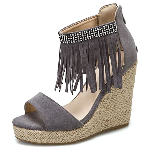 Diuniarza Damen Espadrille mit Absatz, Sandalen Offene Zeh Leisure Keilabsatz Party Schuhe mit Plateau Zip Knöchelriemchen, 14682Ise Grau Gr 46 EU von Diuniarza