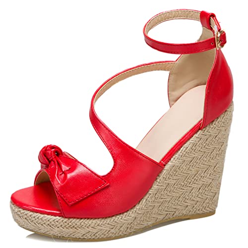 Damen Espadrille mit Absatz, Sandalen Peep Toe Leisure Keilabsatz Party Schuhe mit Plateau Schnalle Knöchelriemchen, 14467Kpt Rot Gr 35 EU von Diuniarza