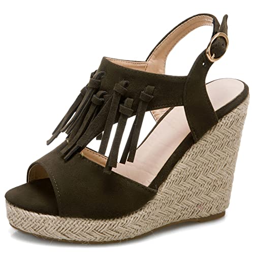 Damen Espadrille mit Absatz, Sandalen Peep Toe Leisure Keilabsatz Slingback Schuhe mit Plateau Schnalle, 14819Nid Grün Gr 47 EU von Diuniarza