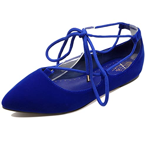 Damen Flache Ballettschuhe Pointed Toe Lässige Pump Schnüren Flache Tanzschuhe Ankle Wrap, 11353Qtj Blau Gr 45 EU von Diuniarza