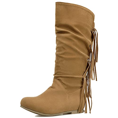 Damen Flache Wadenstiefel, Fransen Stiefel Flach Ohne Verschluss Runde Zehen Boots Leisure Quasten, 22512Gyw Gelb Gr 39 EU von Diuniarza