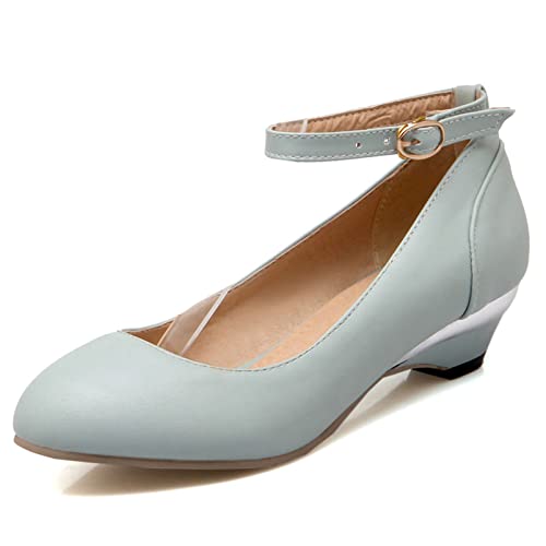 Damen Keilabsatz-Pump Runde Zehen Lässige Pump Schnalle Tanzschuhe mit Mittlerem Absatz Knöchelriemchen, 15522Puk Blau Gr 41 EU von Diuniarza